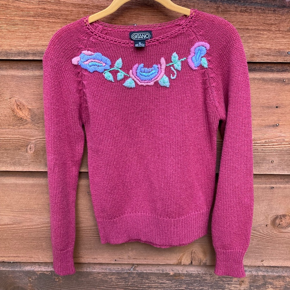 Raspberry Embroidered Vintage Gitano Sweater - image 1
